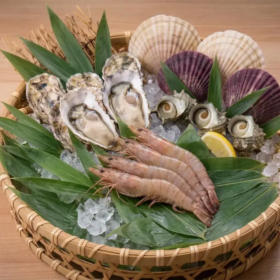竹かごに氷を敷いて盛った牡蠣・ホタテ・サザエ・海老などの新鮮な魚介