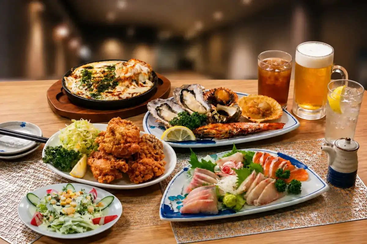海花の宴会コースの料理と飲み物を並べたテーブル